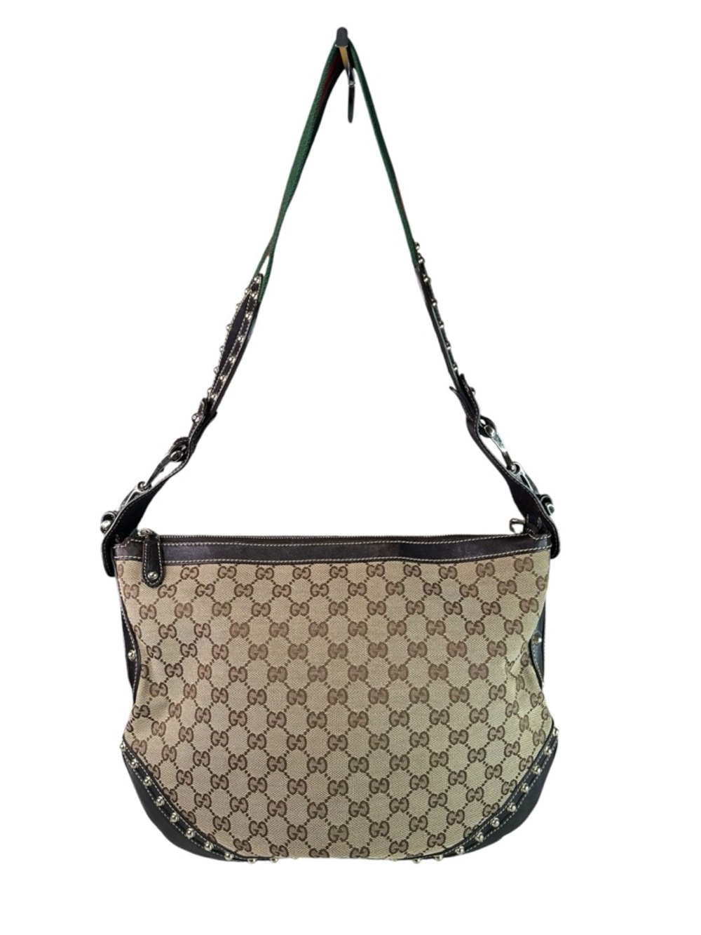 Gucci Beige GG Canvas Shoulder Bag with Dark Brown Trim and Green-Striped Strap